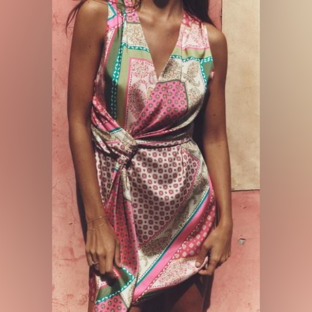 Zara Pink Green Patterned Mini Dress - Picture 3 of 8